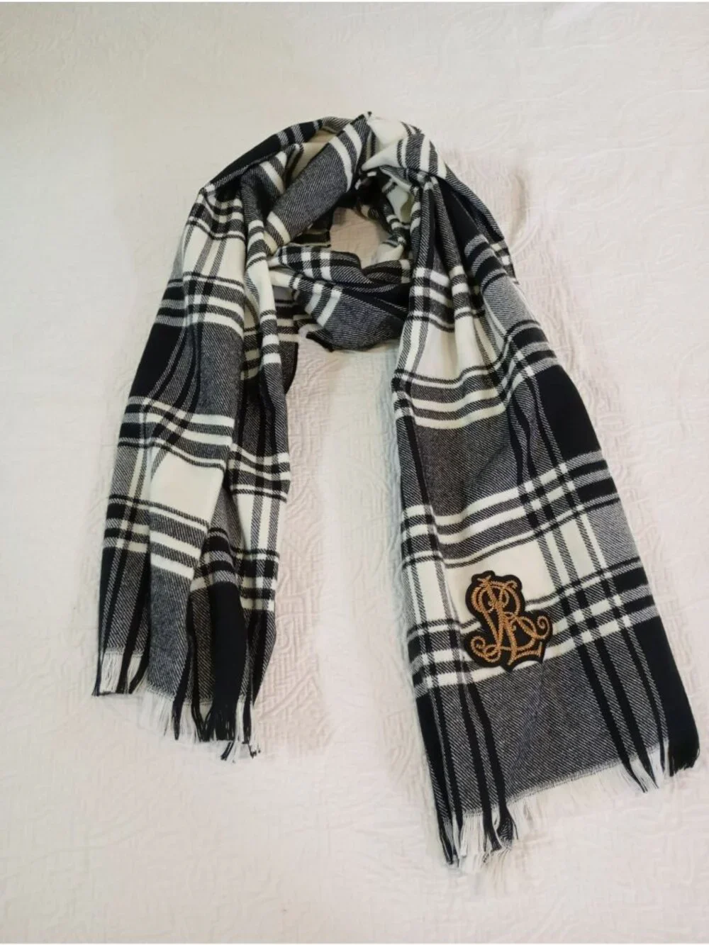 Lauren Ralph Lauren Black White Plaid Scarf Embroidery Fringed Edges